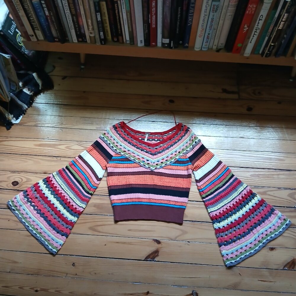 'Heart & Soul' Striped Multicolor Crochet Long Flared Bell Sleeve Sweater Sz S